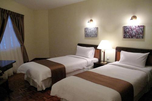 迪沙鲁D'Vista Apartments in Lotus Desaru Beach Resort的酒店客房设有两张床和窗户。