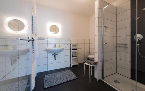 多瑙河畔迪林根Apart Hotel - Dillinger Schwabennest的白色的浴室设有水槽和淋浴。