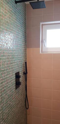 霍夫多普JaBaKi Green Studio的浴室设有淋浴、电话和窗户