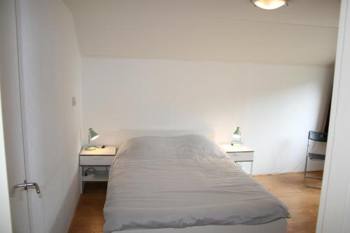 Zevenhuizenvakantiewoning grensgebied Groningen/Drenthe/Friesland的一间卧室配有床和2个床头柜
