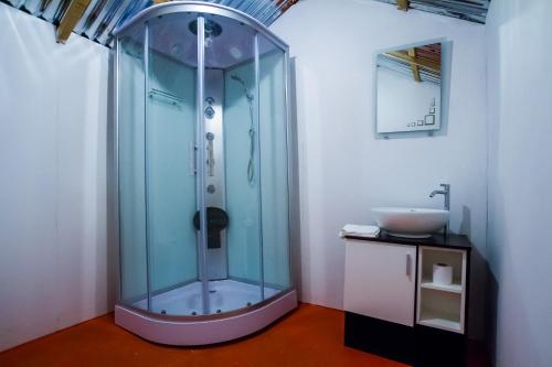 普诺Luz del Titicaca Lodge的一个带水槽的玻璃淋浴间