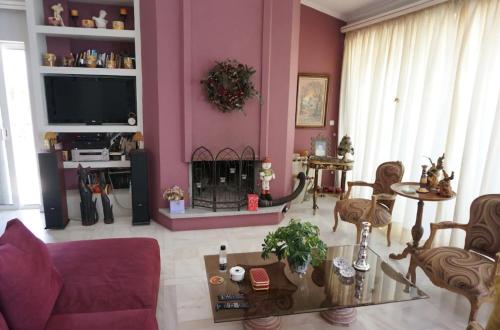 AlissosSea Side Villa Alexandra的带沙发和壁炉的客厅