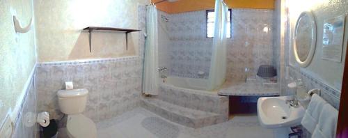圣地亚哥阿蒂特兰土施阿巴耶酒店 的浴室配有卫生间、淋浴和盥洗盆。