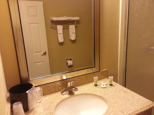 奥德萨Howard Johnson by Wyndham Odessa TX的一间带水槽和大镜子的浴室