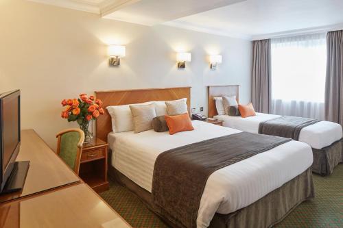 伦敦兰切斯特大门酒店的酒店客房设有两张床和电视。