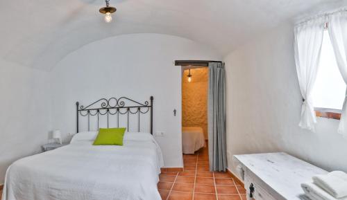 韦斯卡尔Casas Cueva Molino Fuencaliente的卧室配有白色床和绿色枕头