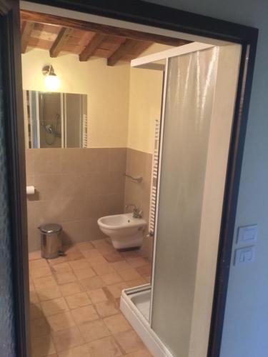 蒙特普齐亚诺Godiolo的带淋浴和卫生间的浴室。
