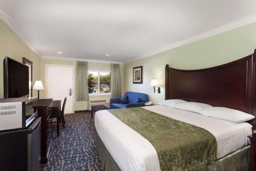 科斯塔梅萨奥兰治县机场酒店的酒店客房设有一张大床和一张书桌。