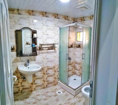 图赖夫Almudawah Hotel的带淋浴、盥洗盆和卫生间的浴室