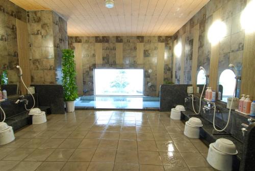 盐尻市盐尻市鹿特因酒店的一间带两个水槽和游泳池的浴室