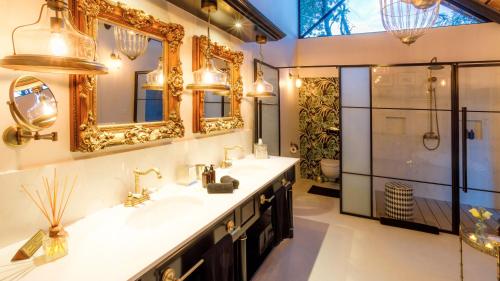 提姆巴瓦提禁猎区凯姆普皇家酒店的浴室配有水槽、两面镜子和淋浴。