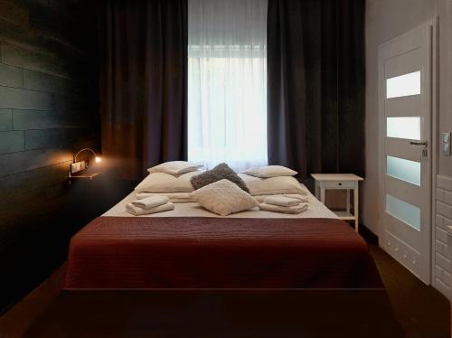 罗兹努公寓式酒店的一间卧室设有一张大床和窗户