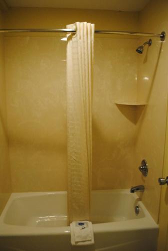 沃思堡苏格兰沃思堡汽车旅馆的浴室配有浴缸和淋浴及浴帘