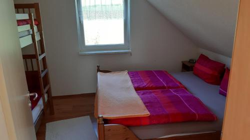 LangenbergFerienwohnung Familie Kaufmann的小卧室设有一张床和梯子