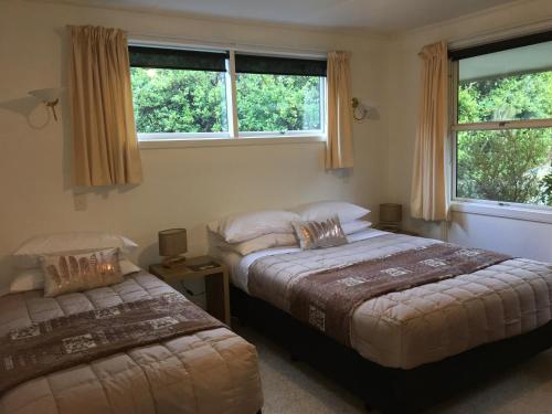 库克山村Aoraki Alpine Chalet的一间卧室设有两张床和两个窗户。