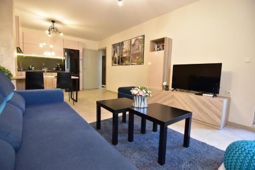 普罗夫迪夫Kapana Luxury City Center Apartments with Garage的客厅配有蓝色的沙发和桌子