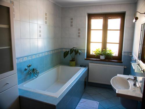 Slovenský GrobPenzión Grobský Dvor的一间带大浴缸和水槽的浴室