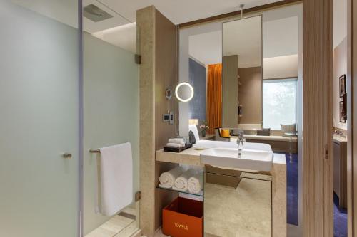 阿姆利则Welcomhotel by ITC Hotels, Raja Sansi, Amritsar的一间带水槽和镜子的浴室