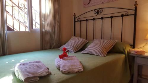 埃尔帕尔马La Morera, El Palmar的一张带两条毛巾的床和一只塞满动物的床