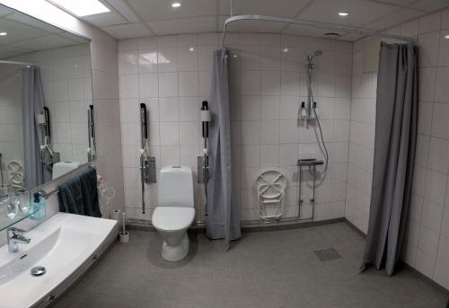 埃斯勒夫Hotel Stensson的浴室配有卫生间、淋浴和盥洗盆。