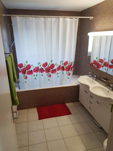 埃格尔金根Gästehaus Luma的浴室设有红色鲜花和浴帘