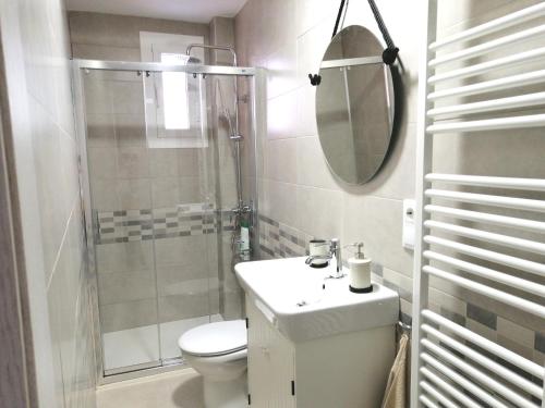 洛格罗尼奥Casa MILA , Centro Histórico的浴室配有卫生间、盥洗盆和淋浴。
