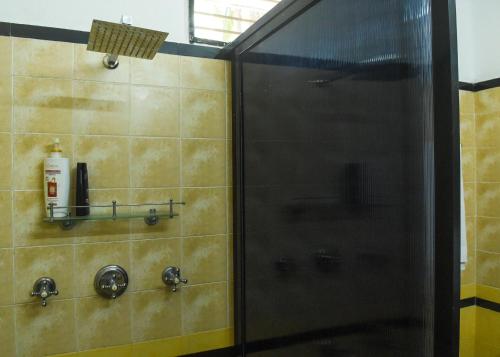 科钦Govindamangalam Homestay的浴室里设有玻璃门淋浴