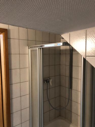杜伊斯堡Wohnen auf Zeit的带淋浴的浴室和玻璃门