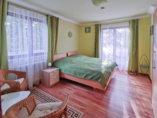 魏玛Penthouse Am Goethepark - Apartments & Suites Weimar的一间卧室设有绿色的床和2个窗户。