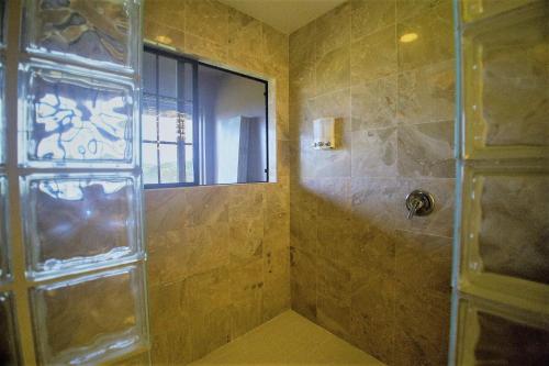 希洛库拉尼亚皮亚瀑布宾馆的带淋浴的浴室和玻璃门