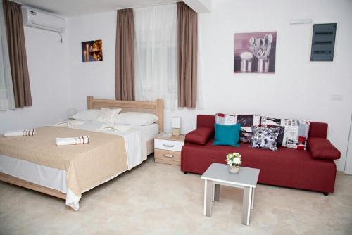 威尔帕扎Apartments Nino Skadar lake的酒店客房,配有床和沙发
