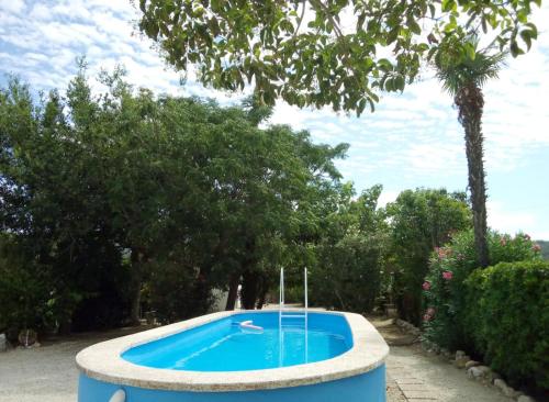 BitemVILLA PROVIDENCIA的一座种植了树木的庭院里的大型蓝色游泳池
