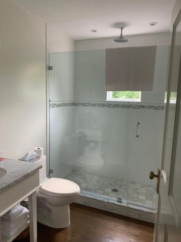 布里奇汉普顿Bridgehampton Inn的一间带卫生间和玻璃淋浴间的浴室