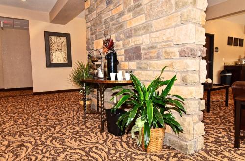 ClarionCobblestone Inn & Suites - Clarion的大堂设有石墙和植物