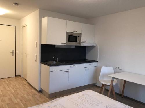 莱因费尔登-埃希特尔丁根1-Zi. Apartment, Echterdingen bei Flughafen/Messe Stgt.的一间带水槽和微波炉的小厨房