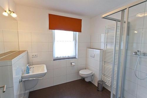 德雷施维茨Haus Zweischlaefer的浴室配有卫生间、盥洗盆和淋浴。