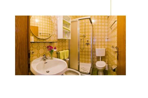 卡斯特尔罗托Appartments Geislerblick的一间带水槽、淋浴和卫生间的浴室