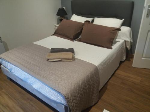 Saint-Sulpice-de-FaleyrensGîte Mimi的一间卧室配有一张带棕色枕头的大床