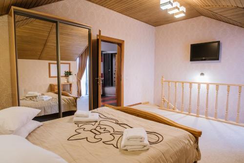 特鲁斯卡韦茨Курортний Готель Золота Корона的一间卧室配有两张床和镜子
