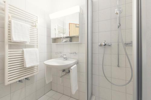 波尼纳豪瑟贝豪斯迪亚沃勒扎酒店的带淋浴和盥洗盆的白色浴室