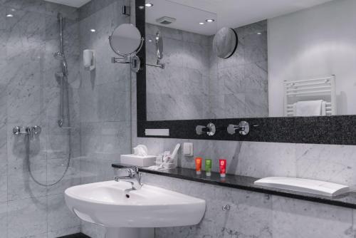埃森升高文霍夫酒店的一间带水槽、淋浴和镜子的浴室