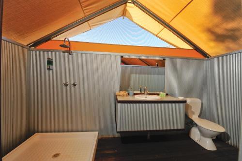 Turkey Creek邦哥邦哥荒野小屋的带淋浴、盥洗盆和卫生间的浴室