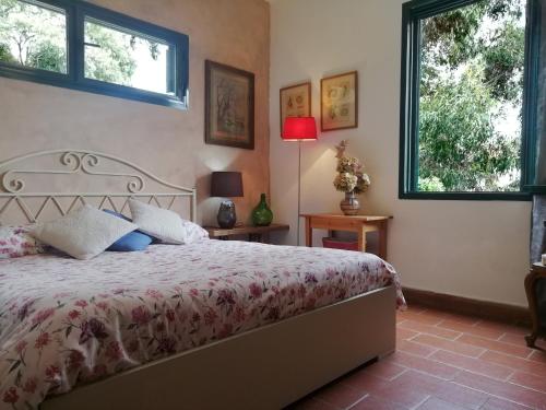 莫特拉下城区La Casetta的一间卧室设有一张床和两个窗户。