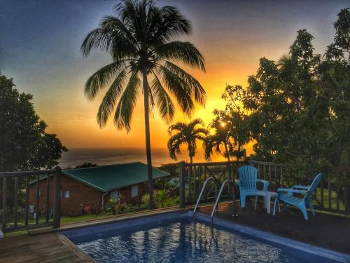 巴斯特尔Résidence Paradis Tropical的一个带棕榈树和桌椅的游泳池