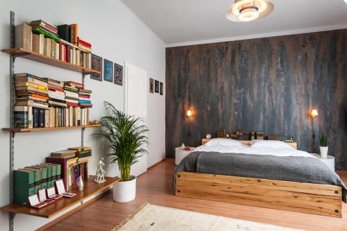 布达佩斯Europe Heart Apartment for 9的一间卧室配有木床和书架
