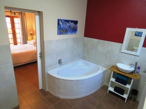 干斯拜Gansbaai Central Accommodation的带浴缸、水槽和床的浴室