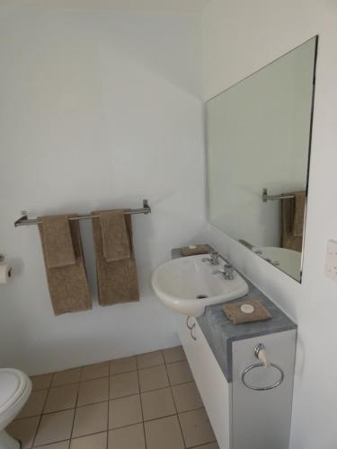 拉罗汤加Aroa Kainga Bungalows and Apartment的白色的浴室设有水槽和卫生间。