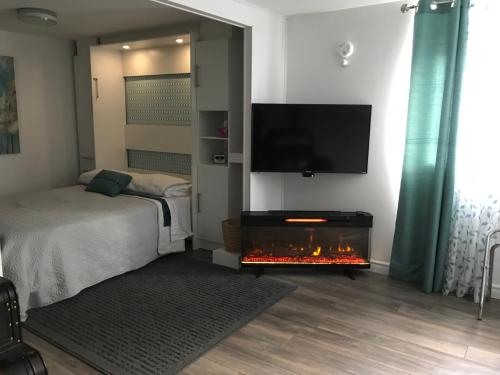魁北克市le Loft Québec的一间卧室设有一张床和一个壁炉,配有电视
