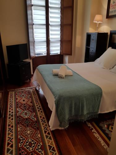 希洪PISO DE CALIDAD EN EL CENTRO DEL CENTRO DE GIJON的一间卧室配有一张床,上面有两条毛巾