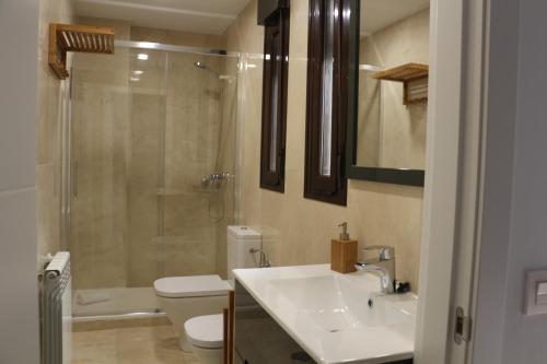 托莱多Apartamento Homelife Roca Tarpeya 4的一间带水槽、淋浴和卫生间的浴室